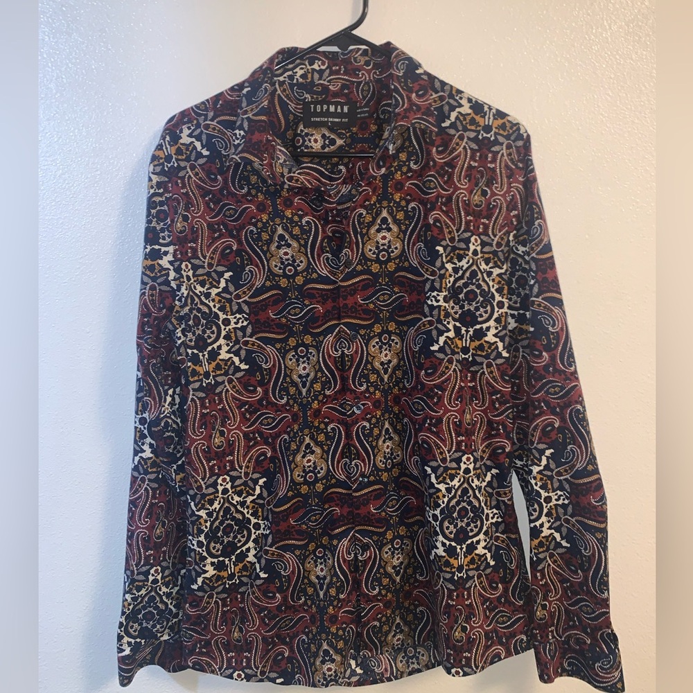 Top man Long Sleeve Button Up Shirt Stretch Skinny Fit Size Large